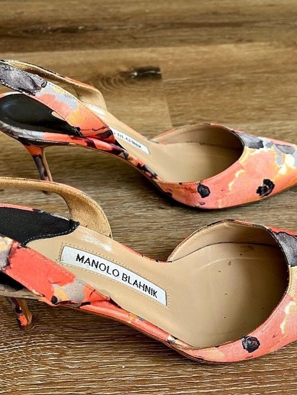 Manolo Blahnik Abstract Slingback Heels Orange & Black